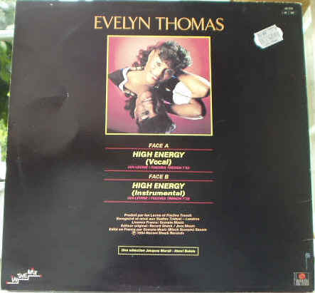 Photo de la pochette verso du Disque vinyle Maxi Single 45 tours de la chanteuse amricaine Evelyn Thomas - High Energy - 1984 Ariola Group Of Company - Prix estimations de disques Vinyls Remix Club Dub Tubes electro Disco des annes 80 - Vinyleticketomania
