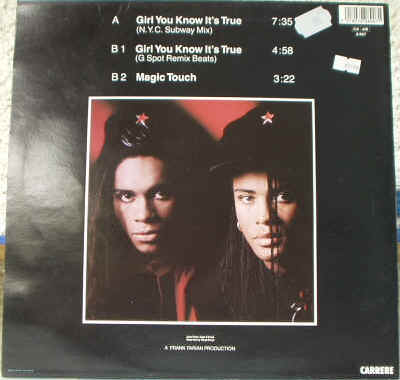 Prix argus estimations cote valeur vente et achat du Disque vinyle Maxi Single 45 tours du groupe allemand de Pop Dance, Hip Hop Milli Vanilli - Girl You Its True (New York Remix N.Y.C. Subway Mix - G Spot Remix Beats) - Magic Touch - 1988 Carrere - Photographie de la pochette verso(dos) - Auteurs compositeurs : Bill Pettaway Jr / Sean Spencer / Kevin Lyles / Rodney Hollaman / Kevin Adeyemo - Musiciens : Fabrice Morvan (né le 14 mai 1966) et Robert Pilatus (né le 8 juin 1965 - décédé le 2 avril 1998)- Disques Vinyls Remix Club Dub Tubes Hits de Musique Pop Dance, Hip Hop des années 80 - Vinyleticketomania