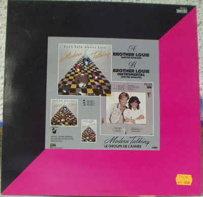 Prix argus estimations cote valeur vente et achat du Disque vinyle Maxi Single 45 tours du groupe allemand de Disco Pop, Dance, Synthpop, Eurodisco, New Wave, Dance-Rock Modern Talking - Brother Louie (Special dance version - version instrumentale) - 1986 WEA - Extrait de l'album vinyle 33 tours LP Ready for Romance (1986) - Photographie de la pochette verso(dos) - Musiciens : Dieter Bohlen (auteur/compositeur/producteur) et Thomas Anders (chanteur/interprète) - Produit et réalisé par Dieter Bohlen pour Hansa Musik Produktion - Editions Frégate/Intersong - Disques Vinyls Remix Club Dub Tubes Hits de musique Disco Pop, Dance, Synthpop, Eurodisco, New Wave, Dance-Rock des années 80 - Vinyleticketomania